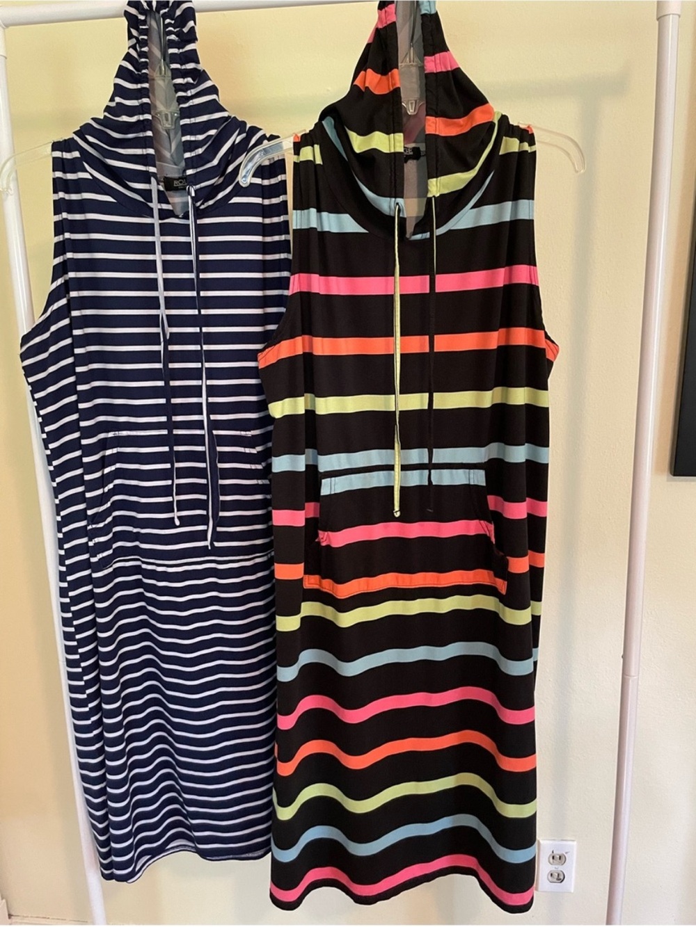 2 Hooded Maxi Dresses. Striped Dresses in Black/Neon Stripes & Navy/White. 3&4X